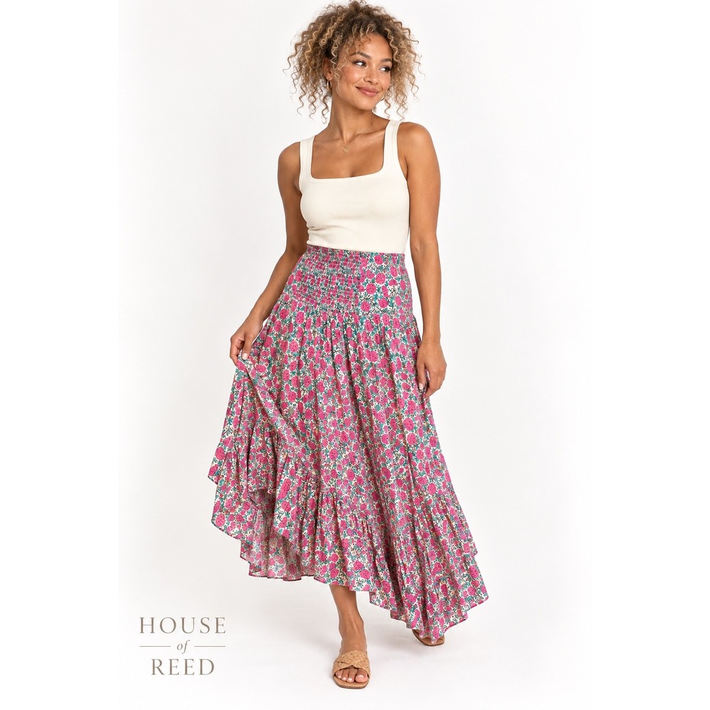 Natural Life Pink Floral Smocked Maxi Skirt Boho Ruffle Hem Small